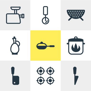 9 yemek simgeler vektör Illustration. Yuvarlak dilimleyici, kasap bıçağı, sürahi ve diğer öğeleri düzenlenebilir kümesi.