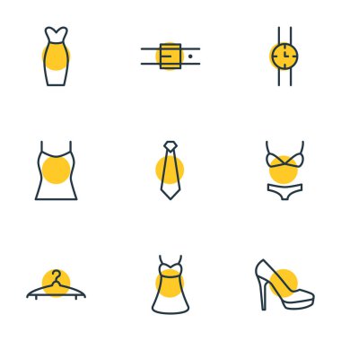 9 elbise simgeler çizgi stili vektör Illustration. Bikini, topuklu ayakkabı, askı ve diğer öğeleri düzenlenebilir kümesi.