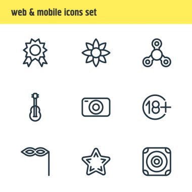 9 eğlence simgeler çizgi stili vektör Illustration. Sigorta primi, petal, maskeli balo ve diğer öğeleri düzenlenebilir kümesi.