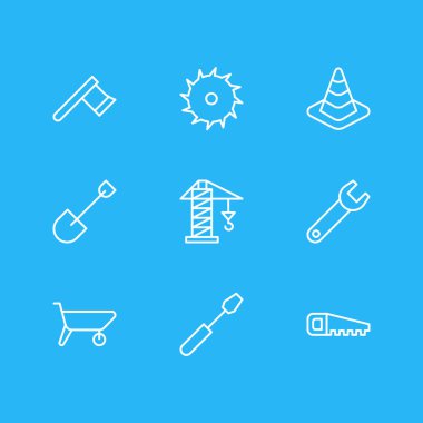 9 sanayi simgeleri çizgi stili vektör Illustration. Düzenlenebilir dizi el testeresi, İngiliz anahtarı, taşıyıcı elemanları.