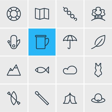 Vektör çizim simgeler çizgi stili kamp 16. Düzenlenebilir dizi şeker, hayatımı kurtardın, kap öğeleri.