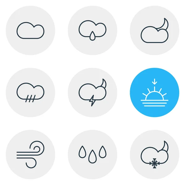 Ilustración vectorial de 9 iconos de la atmósfera estilo de línea. Conjunto editable de viento, luna, gota y otros elementos . — Vector de stock