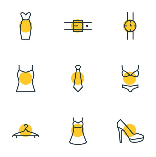 Ilustración vectorial de 9 iconos de vestir estilo de línea. Conjunto editable de bikini, zapato de tacón, percha y otros elementos . — Archivo Imágenes Vectoriales