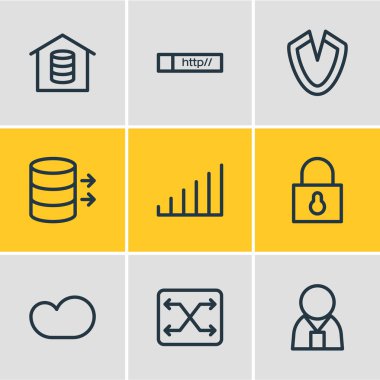 9 web simgeler çizgi stili Illustration. Datacenter, transfer, teknoloji ve diğer öğeleri düzenlenebilir kümesi.