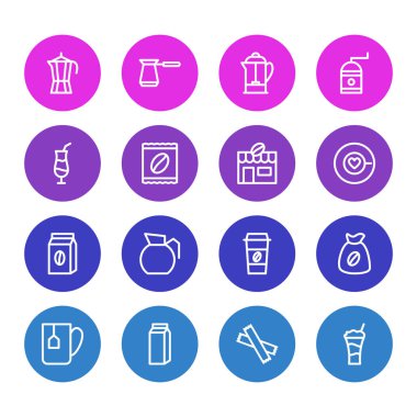 16 içki simgeler çizgi stili Illustration. Kağıt kutusu, Türk, kokteyl düzenlenebilir kümesi ve diğer öğeleri.