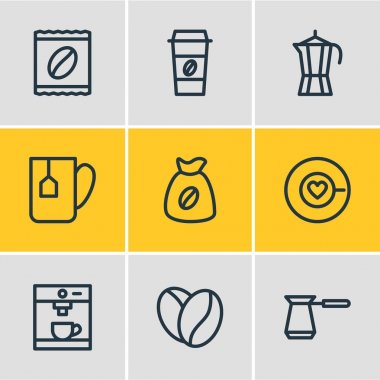 9 java simgeler çizgi stili Illustration. Espresso, kupa, Türk ve diğer öğeleri düzenlenebilir kümesi.