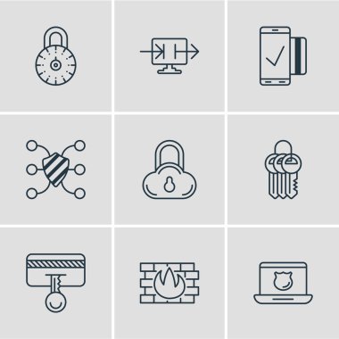 9 veri simgeler çizgi stili Illustration. Bilgi gönder, kolay ödeme, veri güvenliği ve diğer öğeleri düzenlenebilir kümesi.