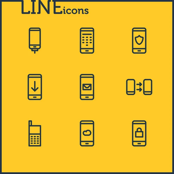 Ilustración de 9 iconos de teléfono estilo de línea. Conjunto editable de correo, seguridad, envío y otros elementos . —  Fotos de Stock