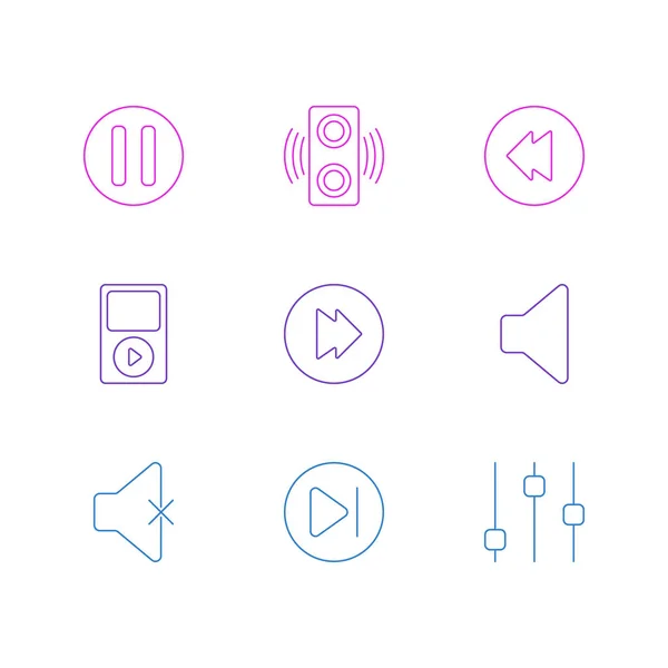 9旋律图标线条样式的插图。可编辑的稳定器、扬声器、滞后和其他元素的集合. — 图库照片