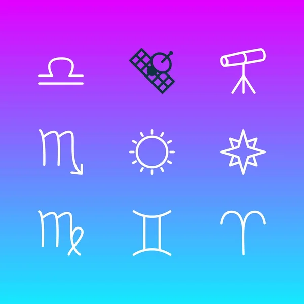 Ilustración de 9 iconos de la astrología estilo de línea. Conjunto editable de signo del zodiaco, gemelos, favoritos y otros elementos . — Foto de Stock