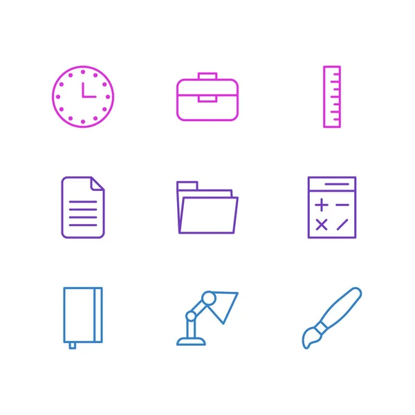 Illustration de 9 icônes de papeterie style ligne. Ensemble modifiable de fichier, calculatrice, mallette et autres éléments . — Photo