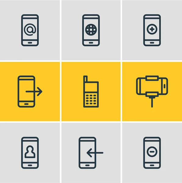 Illustration av 9 smartphone ikoner linjeformat. Redigerbara uppsättning inkorg, minus, över hela världen och andra element. — Stockfoto
