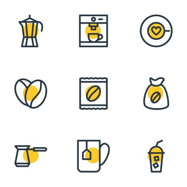 9 java simgeler çizgi stili vektör Illustration. Tohum, uçan daire, paket latte ve diğer öğeleri düzenlenebilir kümesi.