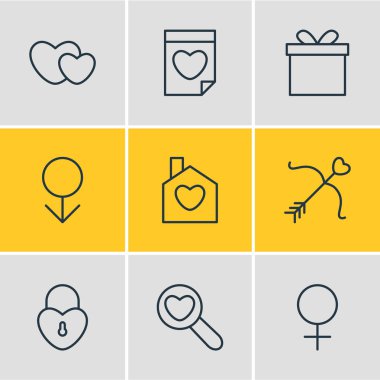 9 amour simgeler çizgi stili vektör Illustration. Tarihi, kadın, erkek ve diğer öğeleri düzenlenebilir kümesi.