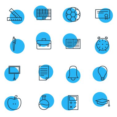 16 bilim simgeler çizgi stili vektör Illustration. Okul, saat, futbol ve diğer öğeleri düzenlenebilir kümesi.
