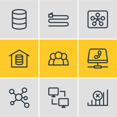 9 web simgeler çizgi stili vektör Illustration. Grup, Tel, internet ve diğer öğeleri düzenlenebilir kümesi.