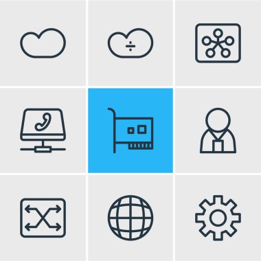 9 Internet simgeleri çizgi stili vektör Illustration. Yönetici, switch, VoIP ve diğer öğeleri düzenlenebilir kümesi.