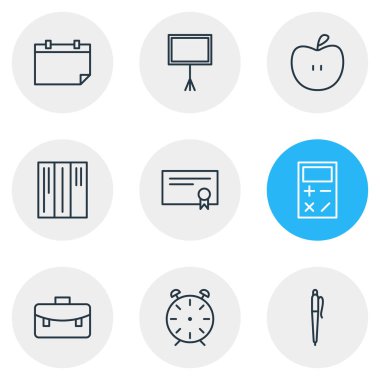 9 bilim simgeler çizgi stili vektör Illustration. Portföy, saat, kurşun kalem ve diğer öğeleri düzenlenebilir kümesi.