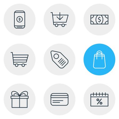 9 toptan simgeler çizgi stili vektör Illustration. Hediye, para, kredi kartı ve diğer öğeleri düzenlenebilir kümesi.