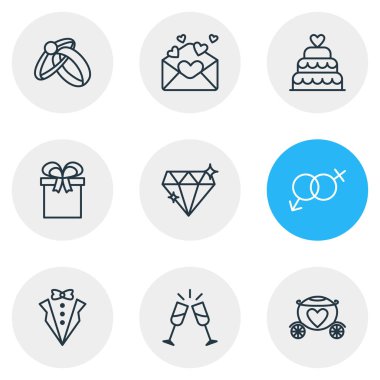 9 nişan simgeler çizgi stili vektör Illustration. Kartı, damat elbise, nişan ve diğer öğeleri düzenlenebilir kümesi.