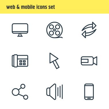 9 medya simgeleri çizgi stili vektör Illustration. Arama, video kamerası, ekran ve diğer öğeleri düzenlenebilir kümesi.