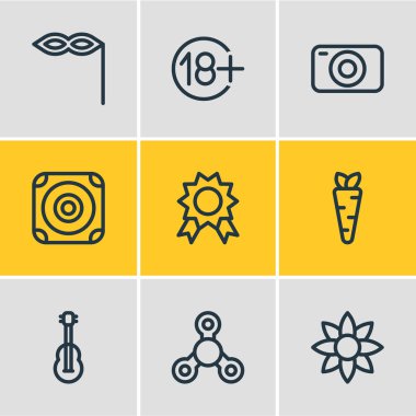 9 sevinç simgeler çizgi stili vektör Illustration. Düzenlenebilir dizi maskeli balo, amplifikatör, el topluca öğeleri.