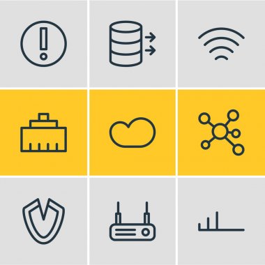 9 Internet simgeleri çizgi stili vektör Illustration. Teknoloji, dalga, ethernet ve diğer öğeleri düzenlenebilir kümesi.
