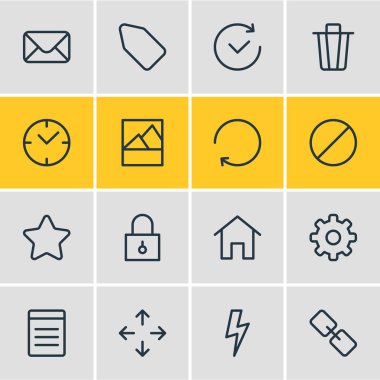 16 uygulama simgeleri çizgi stili vektör Illustration. Saat, saat, belge ve diğer öğelerin düzenlenebilir kümesi.