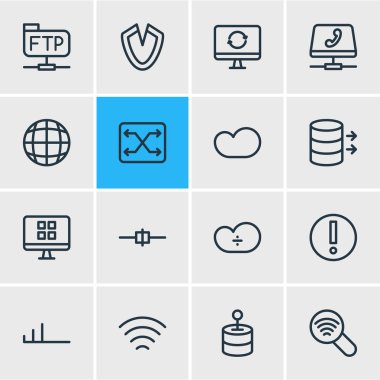 16 Internet simgeleri çizgi stili vektör Illustration. Düşük bağlantı, bulut depolama, değişim ve diğer öğeleri düzenlenebilir kümesi.