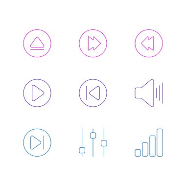 9 müzik simgeleri çizgi stili vektör Illustration. Düzenlenebilir ekolayzer, geri, sonraki ve diğer öğeleri ayarla..