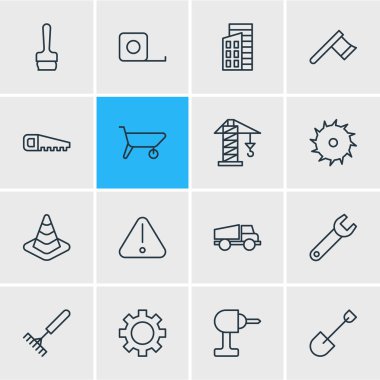 16 inşaat simgeler çizgi stili vektör Illustration. Kamyon, kürek, kaldırma ve diğer öğeleri düzenlenebilir kümesi.