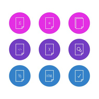 9 kağıt simgeler çizgi stili vektör Illustration. Büyüteç, Html, silme ve diğer öğeleri düzenlenebilir kümesi.