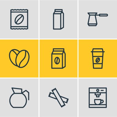 9 içki simgeler çizgi stili vektör Illustration. Türk, paket kahve, espresso ve diğer öğeleri düzenlenebilir kümesi.