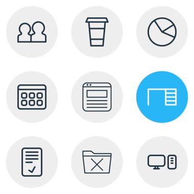 9 büro simgeler çizgi stili vektör Illustration. Takvim, tarayıcı sekmesi, Danışma ve diğer öğeleri düzenlenebilir kümesi.