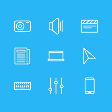 9 müzik simgeleri çizgi stili vektör Illustration. Ekolayzır, günlük basın, defter ve diğer öğeleri düzenlenebilir kümesi.