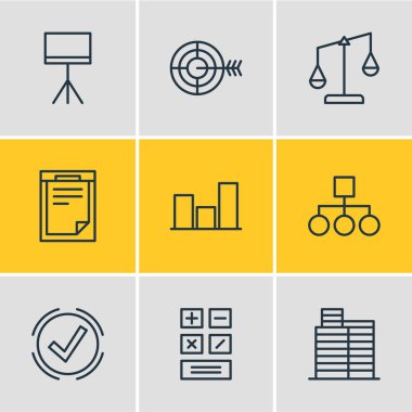 9 iş simgeleri çizgi stili vektör Illustration. Düzenlenebilir dizi kurulu stand, denge, düzeni öğeleri.