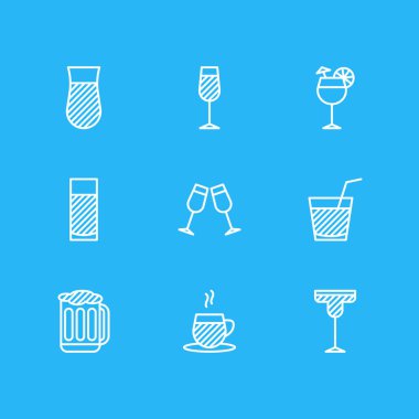 9 içecek simgeler çizgi stili vektör Illustration. Kapuçino, martini, Türk çayı ve diğer öğeleri düzenlenebilir kümesi.