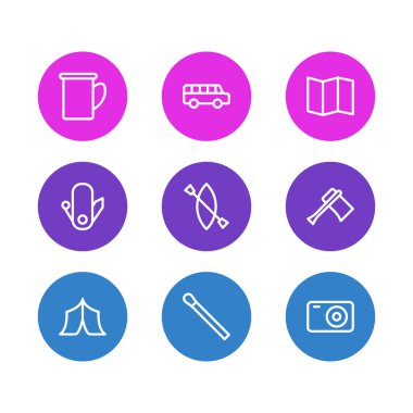 9 kamp simgeler çizgi stili vektör Illustration. Kano, sopa, balta ve diğer öğeleri düzenlenebilir kümesi.