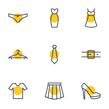 9 giyim simgeler çizgi stili vektör Illustration. Kravat, gömlek, etek ve diğer öğeleri düzenlenebilir kümesi.