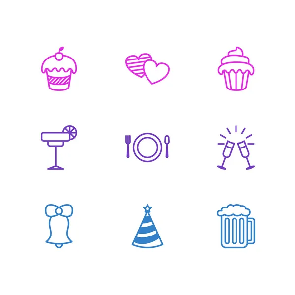 Ilustração vetorial de 9 ícones de festa estilo linha. Conjunto editável de jingle, talheres, calado e outros elementos . —  Vetores de Stock