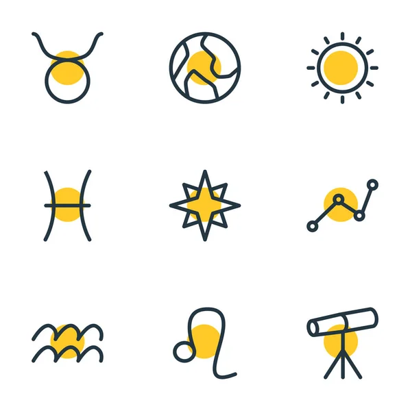 Illustrazione vettoriale di 9 icone costellazione stile linea. Set modificabile di vetro zoom, toro, elementi geometrici e altri elementi . — Vettoriale Stock