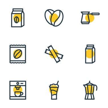 9 kahve simgeler çizgi stili Illustration. Tohum, espresso, paket ve diğer öğeleri düzenlenebilir kümesi.