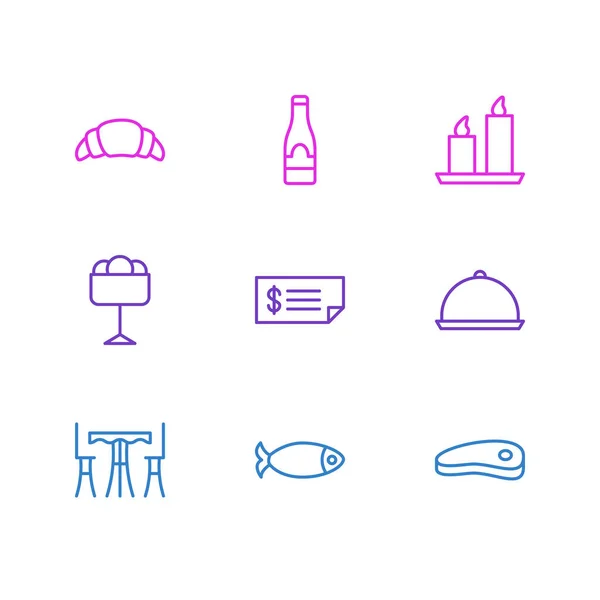 Illustration av 9 äta ikoner linjeformat. Redigerbara uppsättning glass, maträtt, champagne och andra element. — Stockfoto