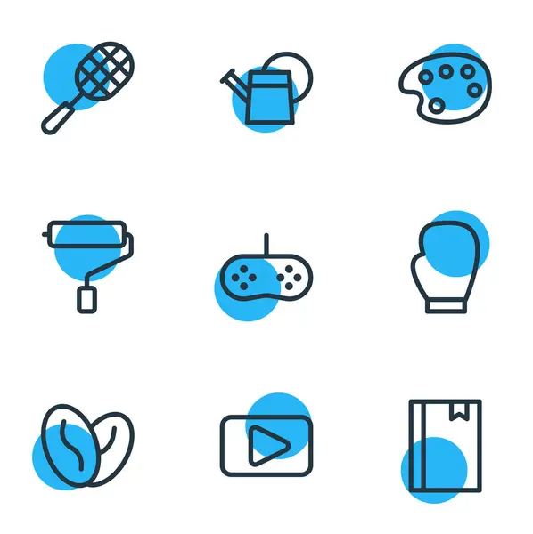 Ilustración de 9 iconos de entretenimiento estilo de línea. Conjunto editable de joystick, tenis, vídeo y otros elementos . —  Fotos de Stock