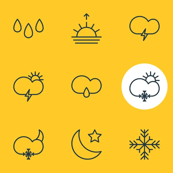 Illustration of 9 weather icons line style. Editable set of fulminant, sunset, windstorm and other elements. — Stock Photo, Image