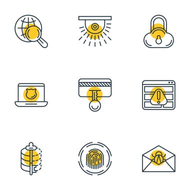 9 gizlilik simgeler çizgi stili vektör Illustration. Parmak izi tarayıcı, spam, cloud veri koruma ve diğer simge öğeleri düzenlenebilir kümesi.