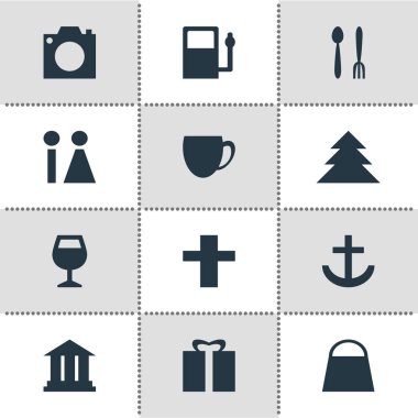 12 seyahat simgeler vektör Illustration. Alışveriş çantası, din, Restoran ve diğer simge öğeleri düzenlenebilir kümesi.