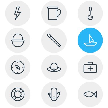 12 kamp simgeleri çizgi stili vektör Illustration. Maç, balıkçılık, şapka ve diğer simge öğeleri düzenlenebilir kümesi.