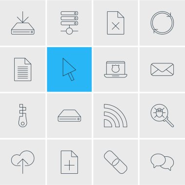 16 web simgeler çizgi stili vektör Illustration. Posta, Büyüteç, Kaldır dosya ve diğer simge öğeleri düzenlenebilir kümesi.