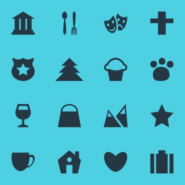 16 harita simgeler vektör Illustration. Ev, orman, tiyatro ve diğer simge öğeleri düzenlenebilir kümesi.